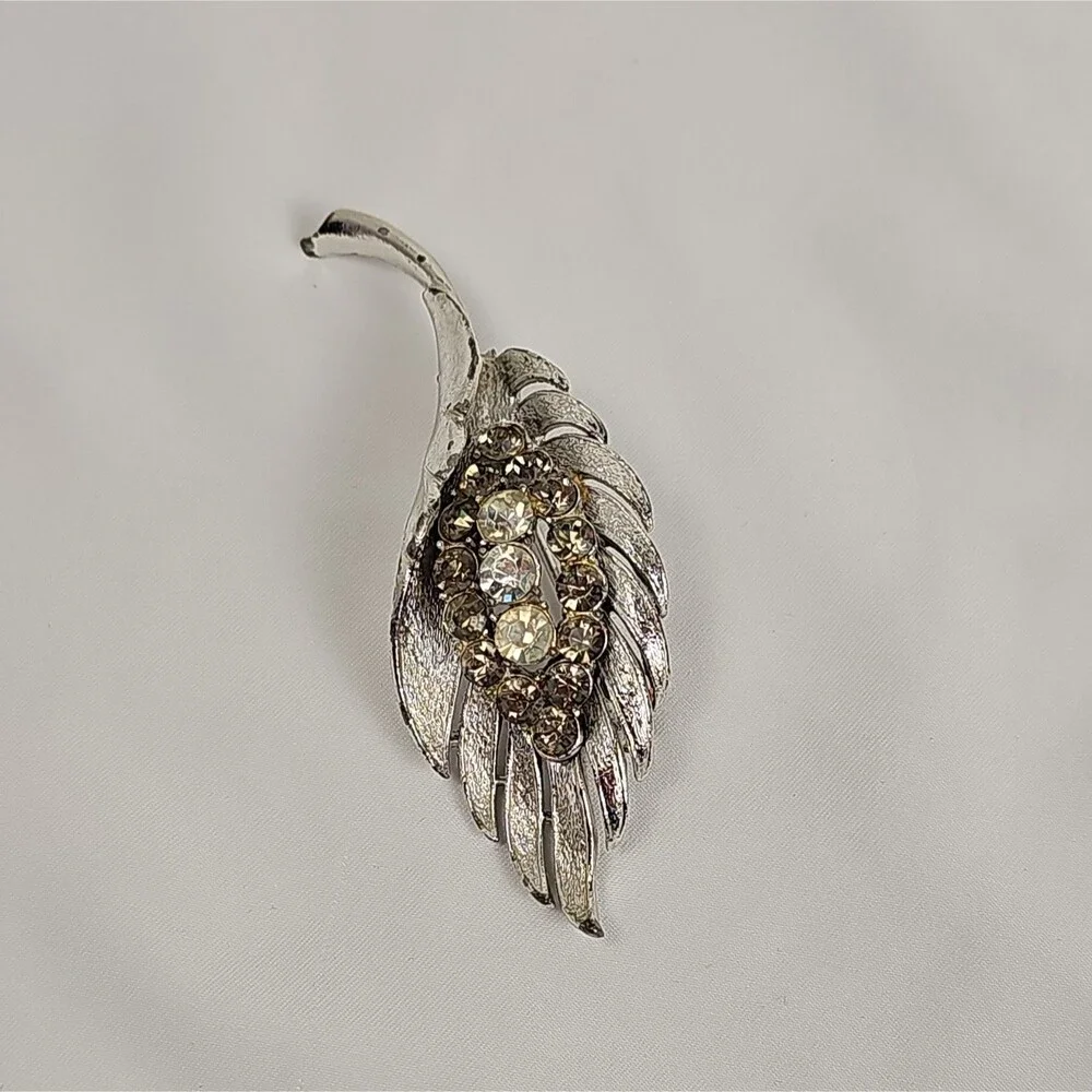 Vintage Coro Feather Rhinestone Brooch Silver Tone Mid Century